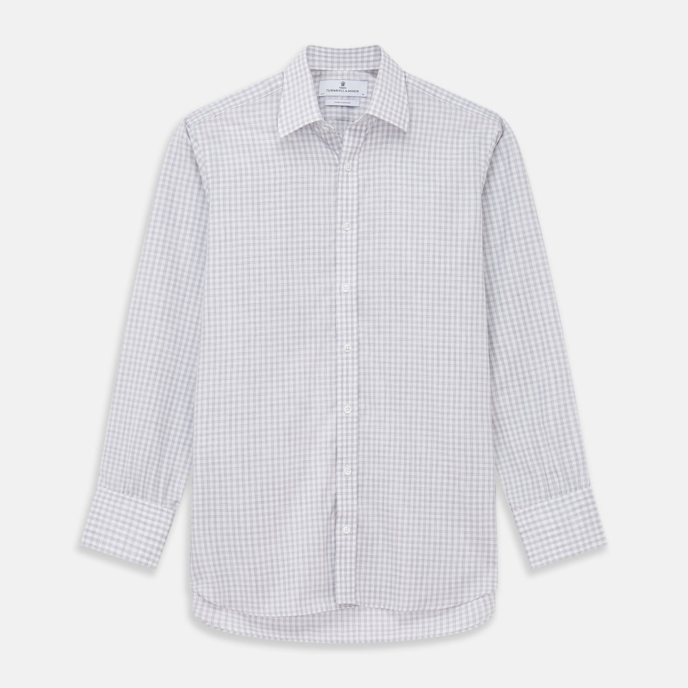 The Grey Check Cotton Melange Regular Fit Mayfair Shirt by Turnbull & Asser features a light gray and white small checkered pattern, a collar, and front buttons, shown against a white background.