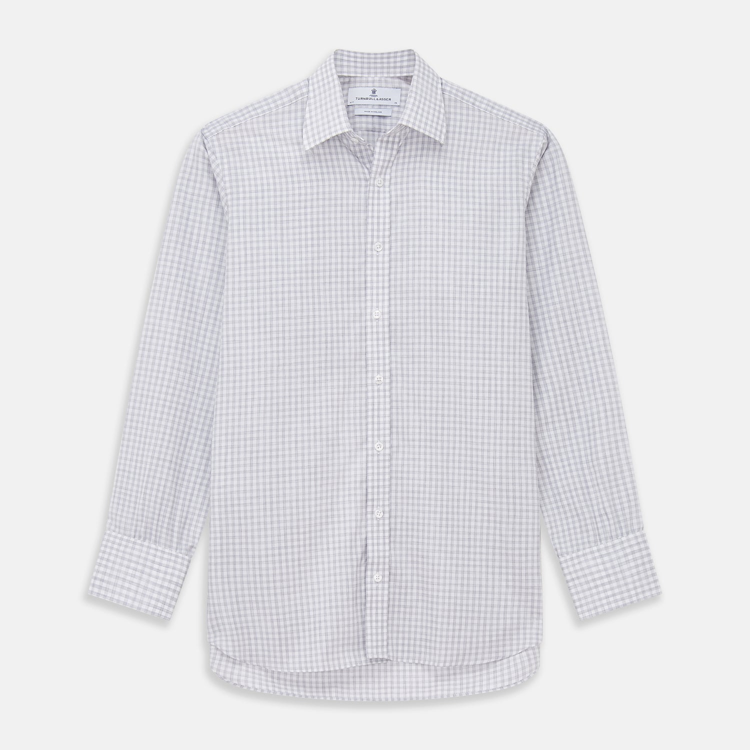 View 1 of product The Grey Check Cotton Melange Regular Fit Mayfair Shirt by Turnbull & Asser features a light gray and white small checkered pattern, a collar, and front buttons, shown against a white background.