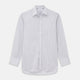 The Grey Check Cotton Melange Regular Fit Mayfair Shirt by Turnbull & Asser features a light gray and white small checkered pattern, a collar, and front buttons, shown against a white background.