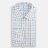 View 4 of product The Turnbull & Asser Purple and Blue Multi Check Mayfair Shirt features long sleeves, a button-up front, and a classic T&A collar, with blue and light gray checks on white, displayed flat against a plain white background.