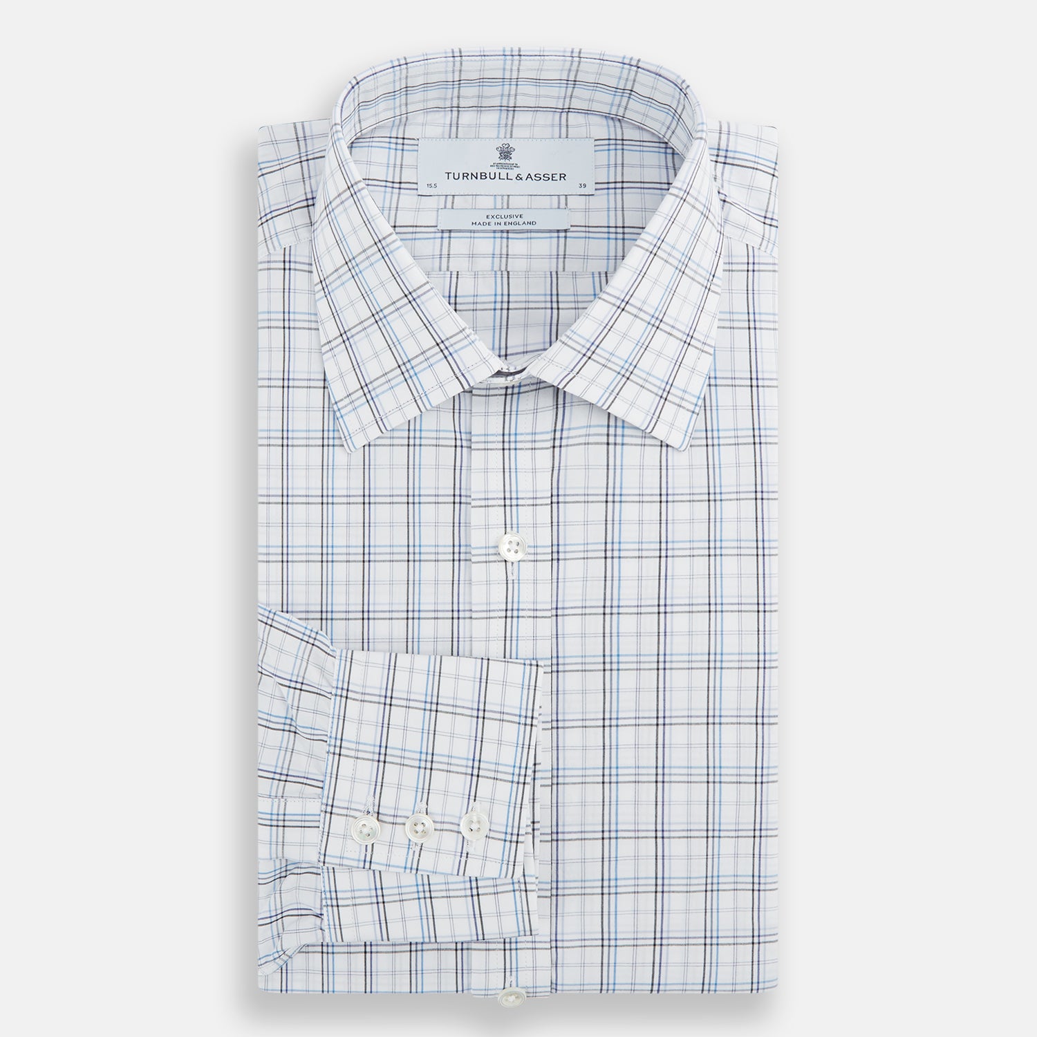 View 4 of product The Turnbull & Asser Purple and Blue Multi Check Mayfair Shirt features long sleeves, a button-up front, and a classic T&A collar, with blue and light gray checks on white, displayed flat against a plain white background.