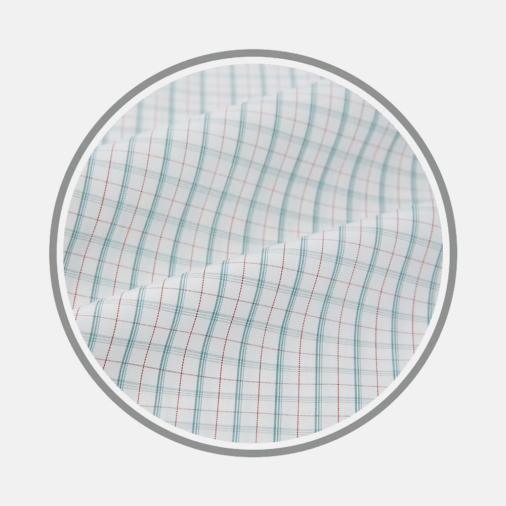 Close-up of Turnbull & Asser's Turquoise and Red Multi Check Fabric, featuring a white base with a grid of thin turquoise and red lines, displayed in a circular frame on a plain background.