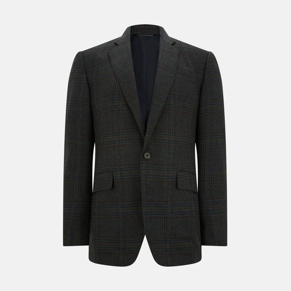 The Turnbull & Asser Charcoal Glen Check Sports Jacket features a dark plaid pattern, single-button closure, notched lapels, and two front flap pockets, shown against a plain white background—an essential for any men's wardrobe.