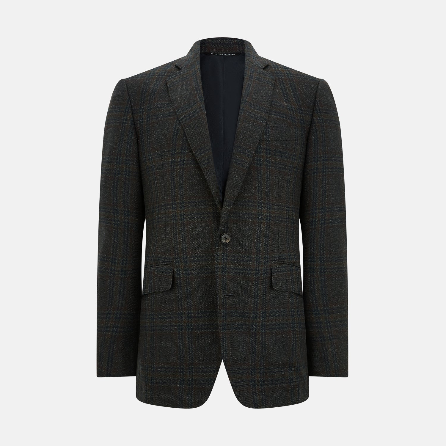 View 1 of product The Turnbull & Asser Charcoal Glen Check Sports Jacket features a dark plaid pattern, single-button closure, notched lapels, and two front flap pockets, shown against a plain white background—an essential for any men's wardrobe.