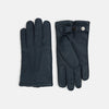 View 1 of product A pair of Turnbull & Asser Navy Cashmere-Lined Peccary Leather Gloves, one showing the palm with a buttoned strap and the other the back with decorative stitching, elegantly displayed on a white background.