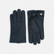 A pair of Turnbull & Asser Navy Cashmere-Lined Peccary Leather Gloves, one showing the palm with a buttoned strap and the other the back with decorative stitching, elegantly displayed on a white background.