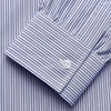 View 4 of product The Turnbull & Asser Blue Multi Stripe Cotton RE-PURPOSE Weekend Fit Finch Shirt features thin blue and white stripes, a contrasting light blue checkered chest pocket, and is crafted sustainably using recycled fabrics.