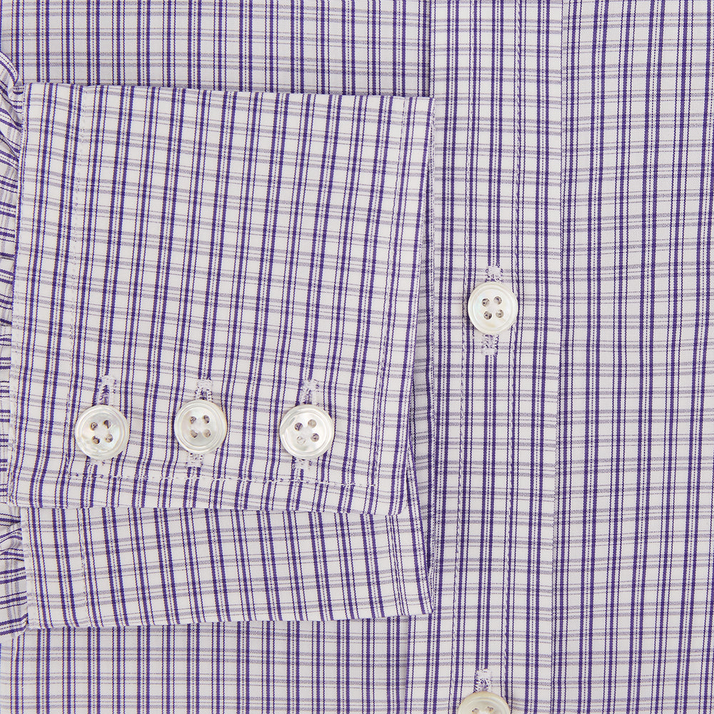 The Turnbull & Asser Purple Double Graph Check Mayfair Shirt is a long-sleeved, button-up dress shirt with a T&A collar and small blue and white check pattern, shown against a white background.