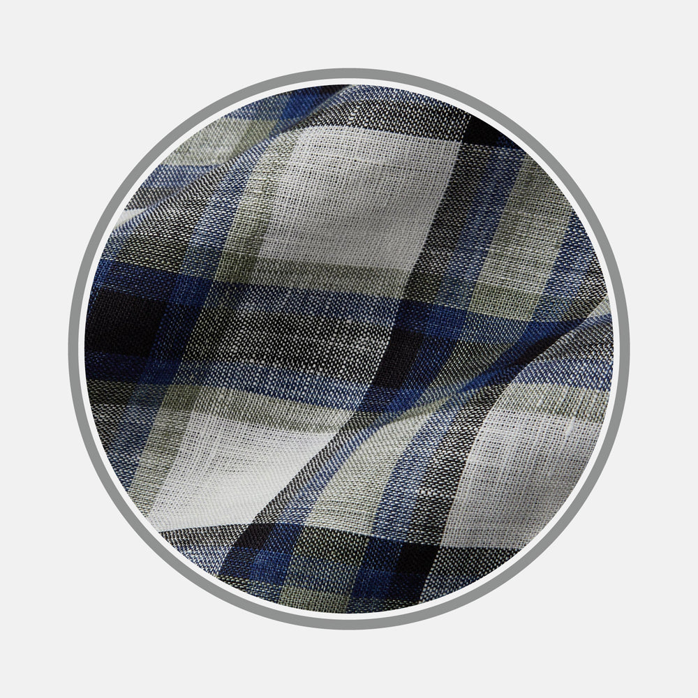 Close-up of Turnbull & Asser’s Green Multi Check Linen Fabric, featuring a black, blue, green, and white plaid pattern inside a circular frame on a light gray background.