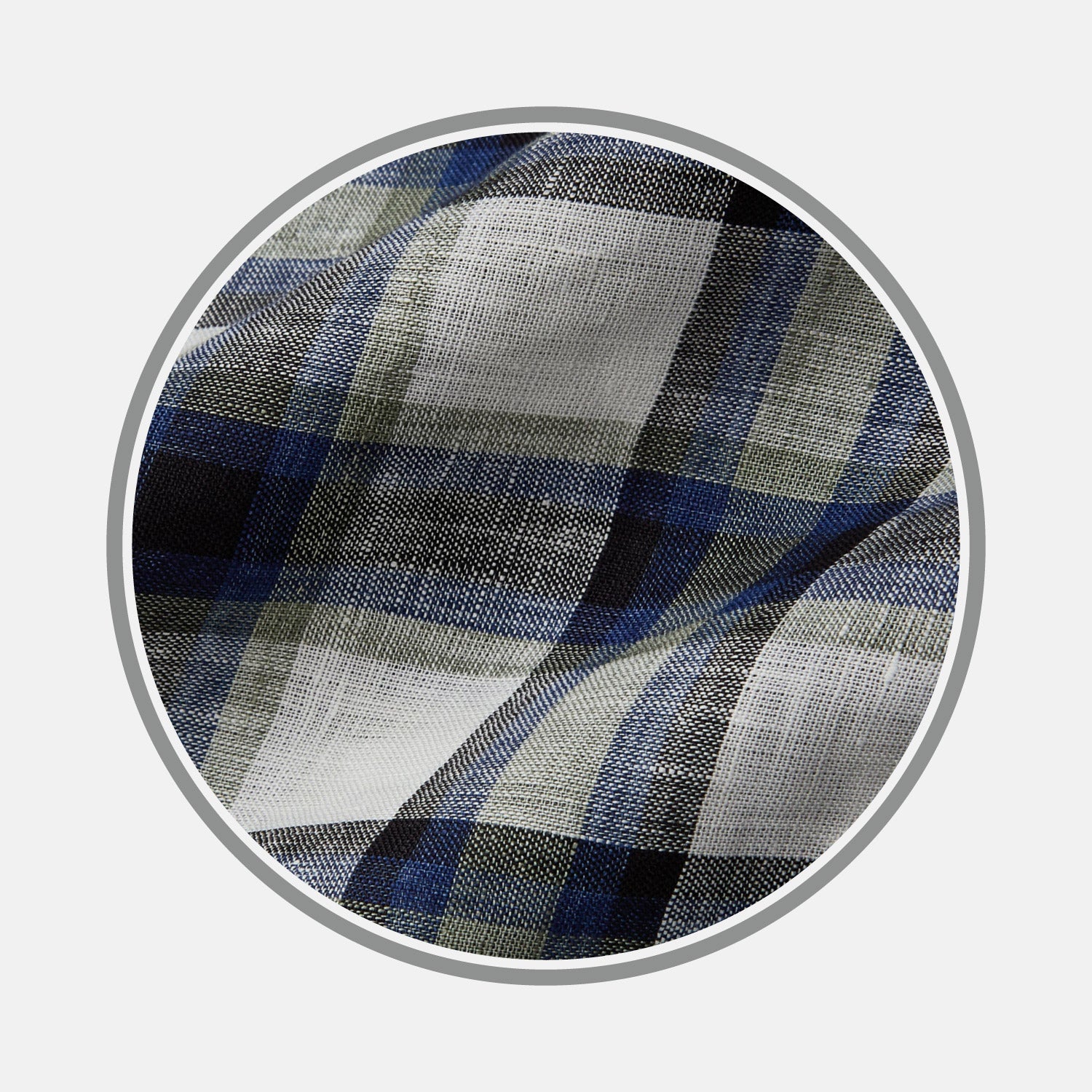View 1 of product Close-up of Turnbull & Asser’s Green Multi Check Linen Fabric, featuring a black, blue, green, and white plaid pattern inside a circular frame on a light gray background.