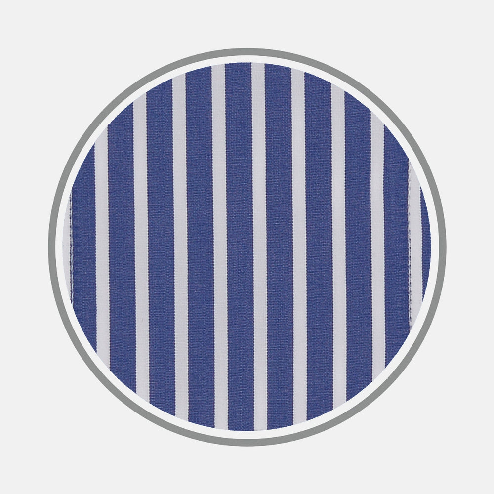 A close-up of Turnbull & Asser's Navy and White Deep Stripe Cotton Fabric shows vertical blue and white stripes bordered by gray, set against a light gray background.