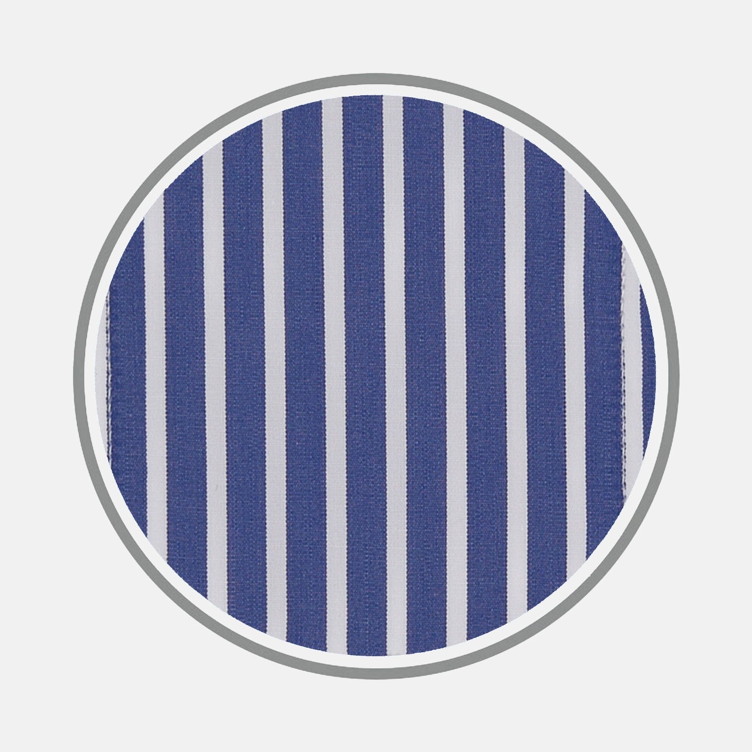 View 1 of product A close-up of Turnbull & Asser's Navy and White Deep Stripe Cotton Fabric shows vertical blue and white stripes bordered by gray, set against a light gray background.