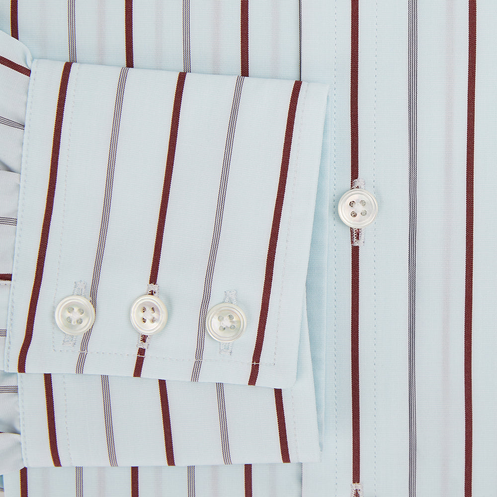 The Turnbull & Asser Burgundy Combination Stripe Mayfair Shirt features long sleeves, a classic T&A collar, and vertical black and burgundy stripes on white, laid flat against a plain white background.