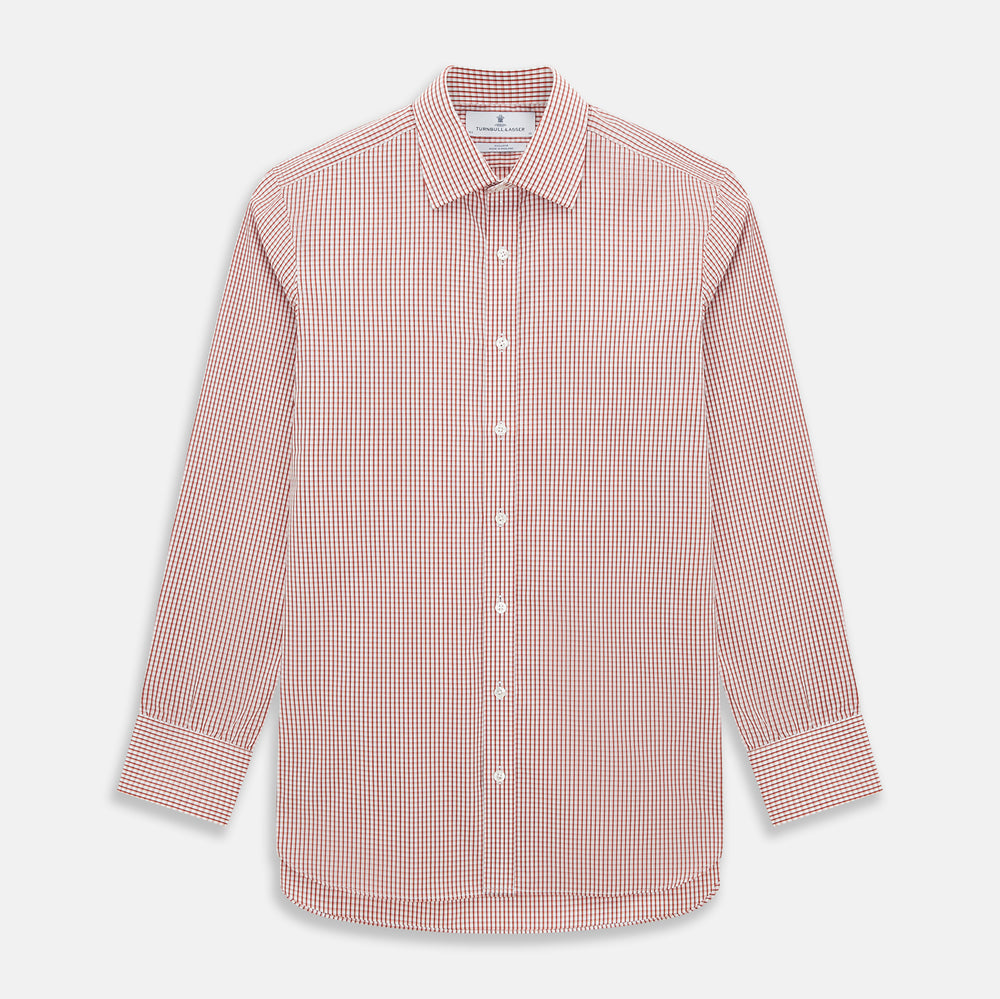 The Turnbull & Asser Red Micro Shadow Check Mayfair Shirt, made from premium Italian cotton with a classic collar and buttoned cuffs, is shown on a plain white background.