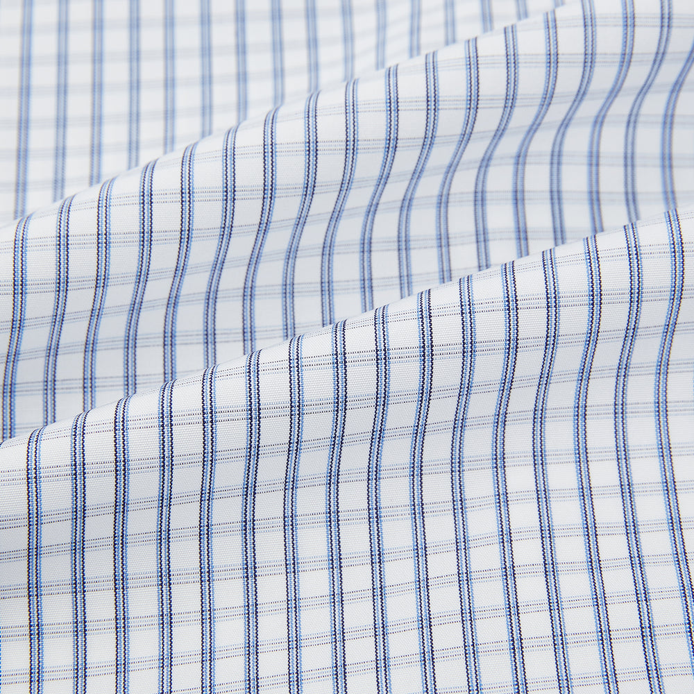 The Turnbull & Asser Blue Multi Tattersall Check Mayfair Shirt is a long-sleeved, button-down shirt featuring a small blue and white check pattern, pointed collar, and cuffs, shown laid flat on a white background.