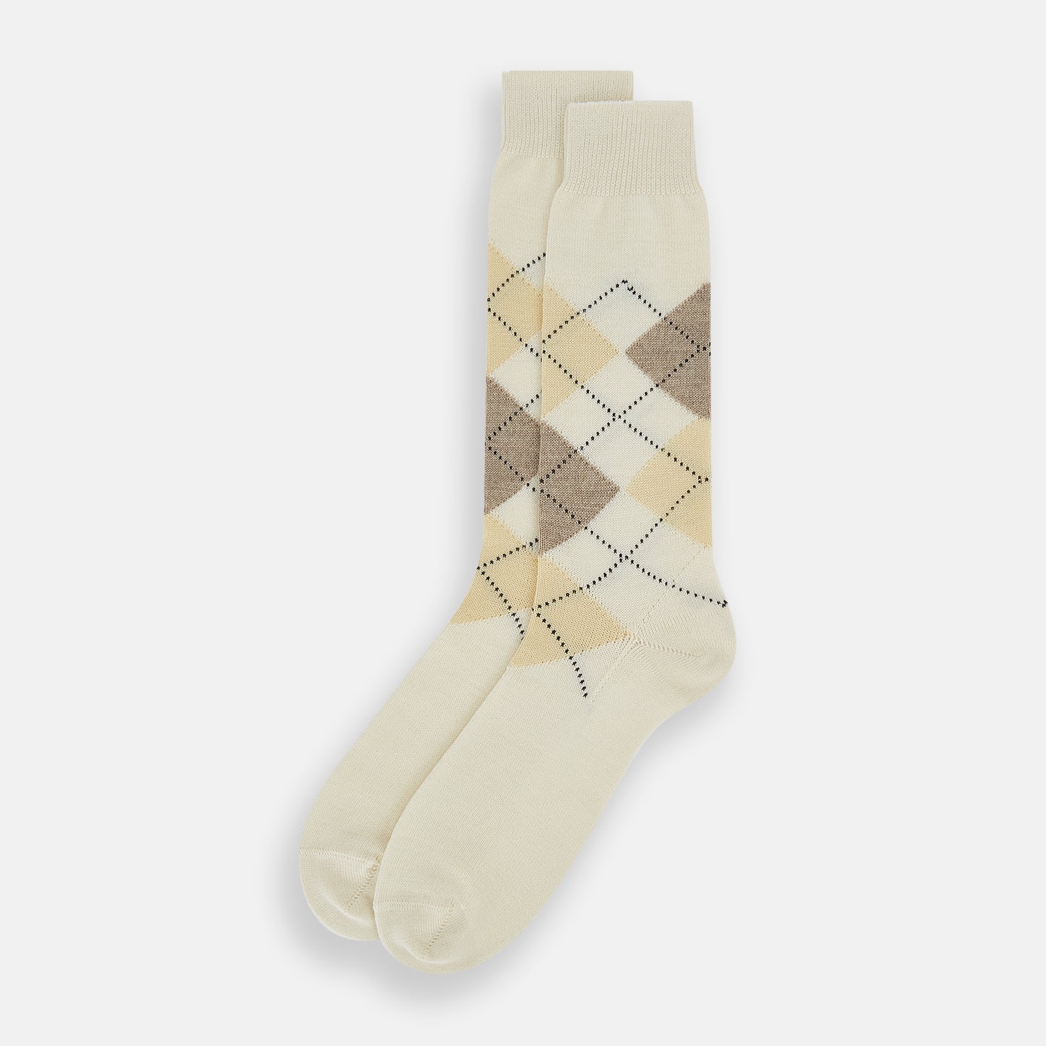 View 2 of product A single Turnbull & Asser White Wool Check Mid-Length Sock, featuring a subtle check pattern in tan, cream, and light brown shades, is displayed on a plain white background.