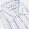 View 2 of product The Turnbull & Asser Steel Grey Track Stripe Mayfair Shirt is a long-sleeve Italian cotton shirt with vertical stripes, a button-down front, and classic collar, shown laid flat on a white background.