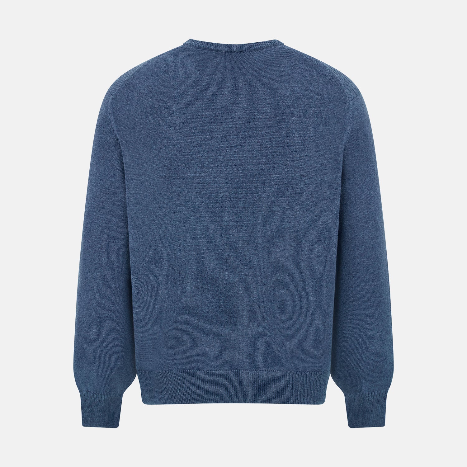 View 3 of product Turnbull & Asser’s Pacific Blue Cashmere V-Neck Jumper features ribbed cuffs, hem, and neckline, shown on a white background.