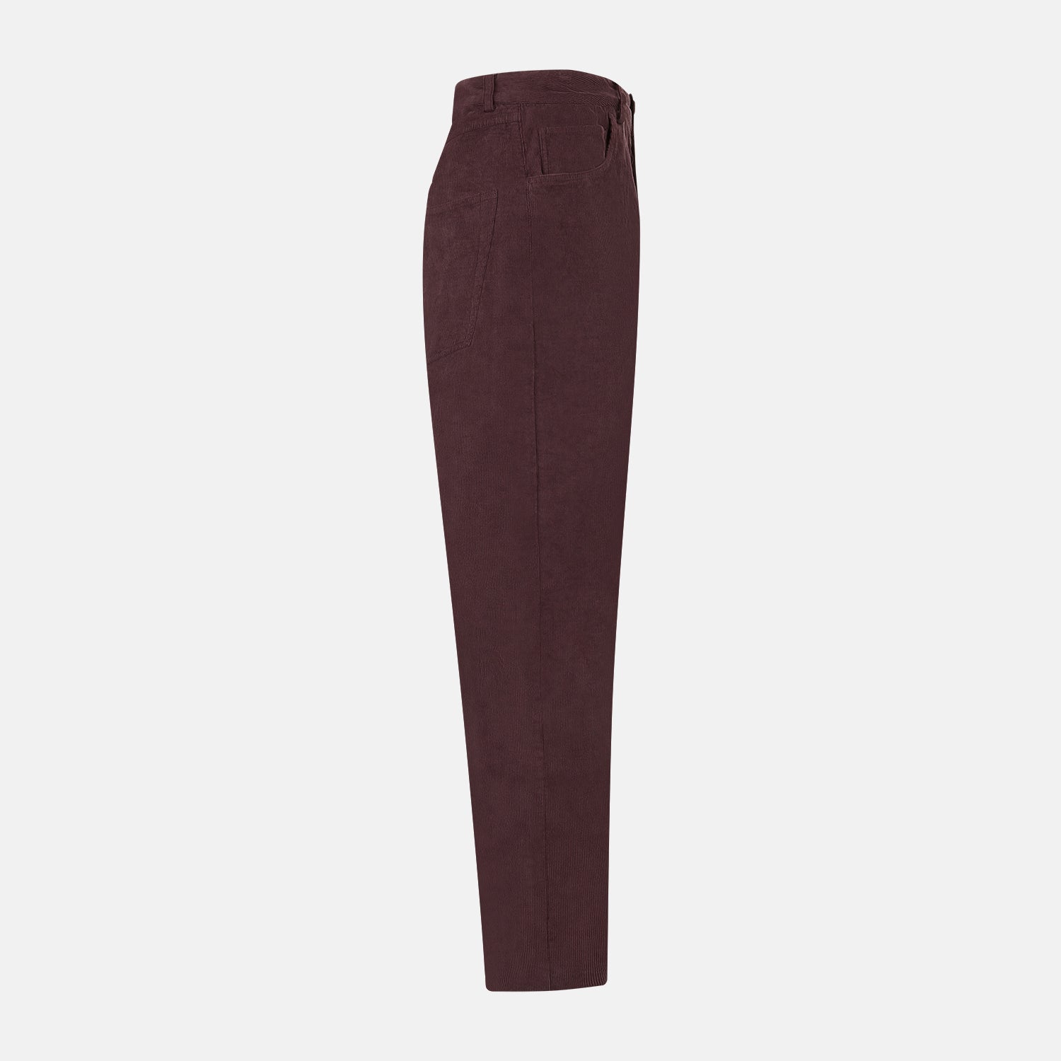 View 4 of product The Turnbull & Asser Burgundy Corduroy Charles Trousers are straight-leg stretch cotton pants in dark burgundy, featuring side and back pockets, shown against a plain white background.