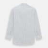 View 5 of product The Blue Double Pinstripe Mayfair Shirt by Turnbull & Asser is made from organic cotton with thin blue and white stripes, a pointed collar, and buttoned cuffs—perfect for elevating your workweek rotation.