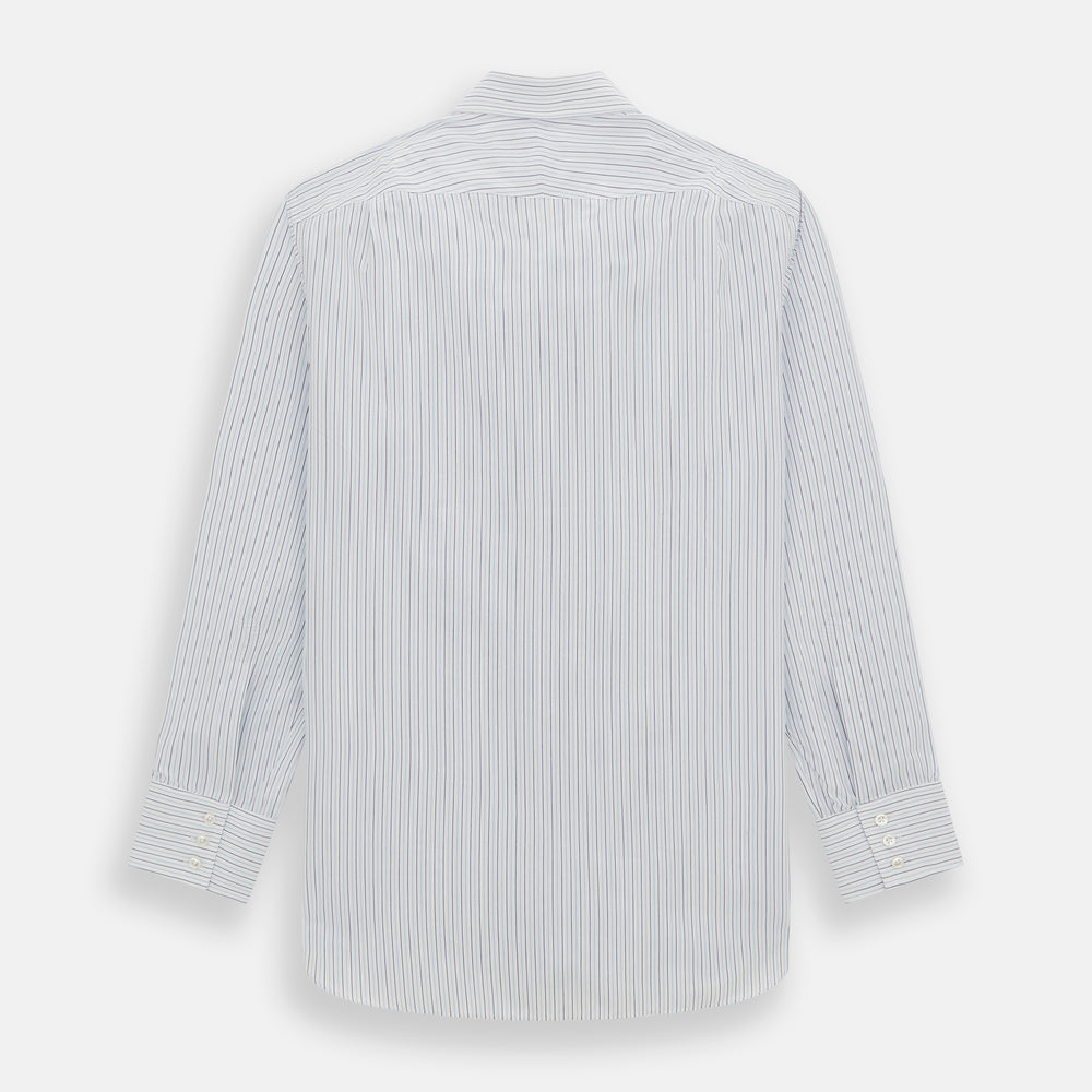 The Blue Double Pinstripe Mayfair Shirt by Turnbull & Asser is made from organic cotton with thin blue and white stripes, a pointed collar, and buttoned cuffs—perfect for elevating your workweek rotation.