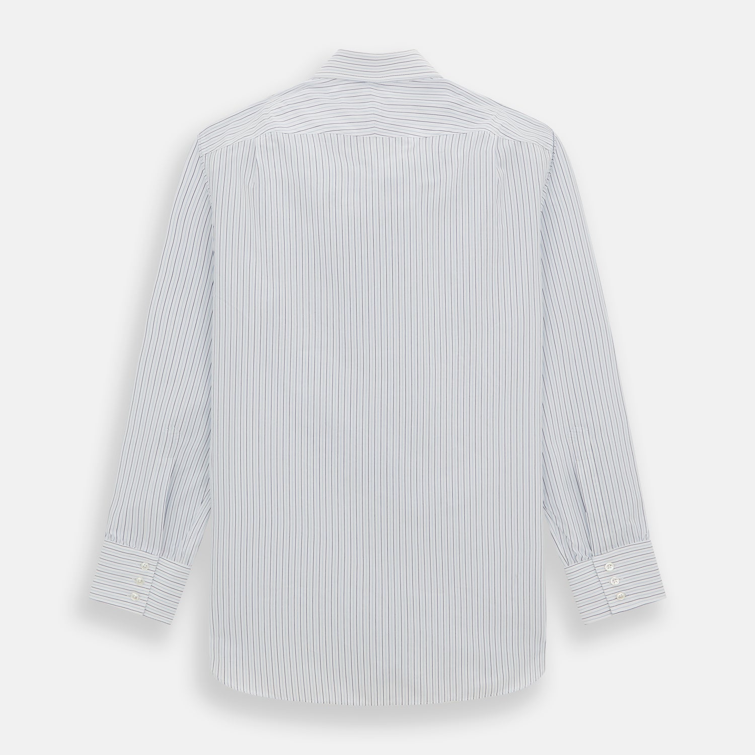 View 5 of product The Blue Double Pinstripe Mayfair Shirt by Turnbull & Asser is made from organic cotton with thin blue and white stripes, a pointed collar, and buttoned cuffs—perfect for elevating your workweek rotation.