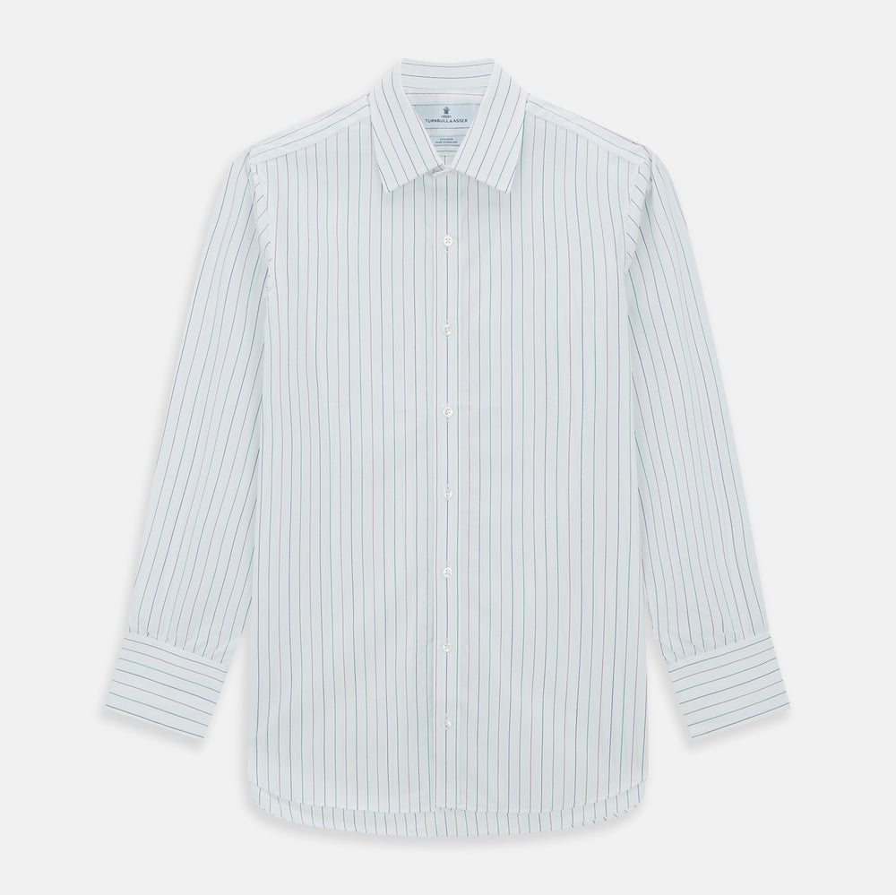 The Turnbull & Asser Pink and Green Wide Pinstripe Mayfair Shirt is a long-sleeve, button-up shirt made from organic cotton, shown laid flat on a white background.