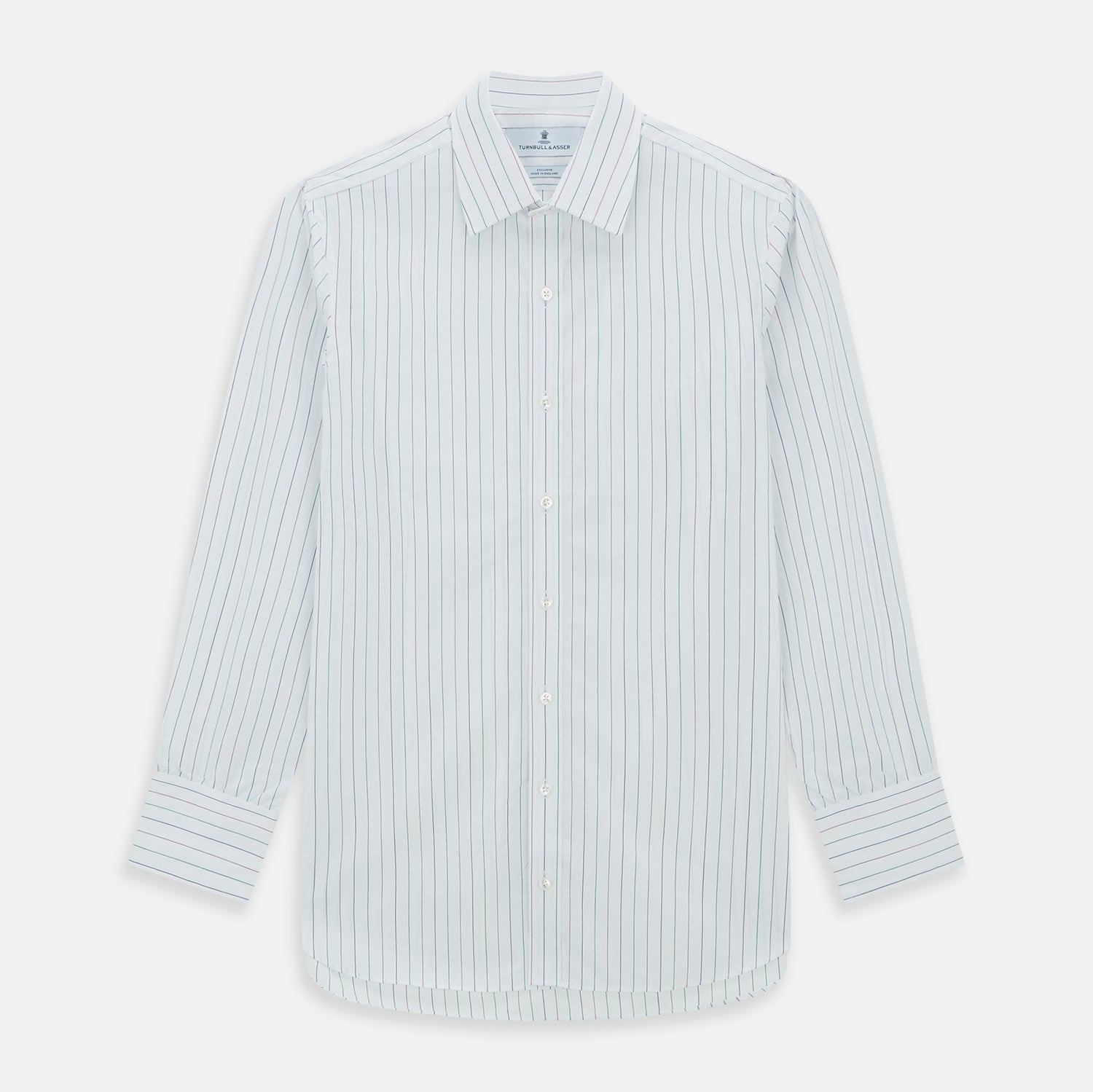 View 1 of product The Turnbull & Asser Pink and Green Wide Pinstripe Mayfair Shirt is a long-sleeve, button-up shirt made from organic cotton, shown laid flat on a white background.