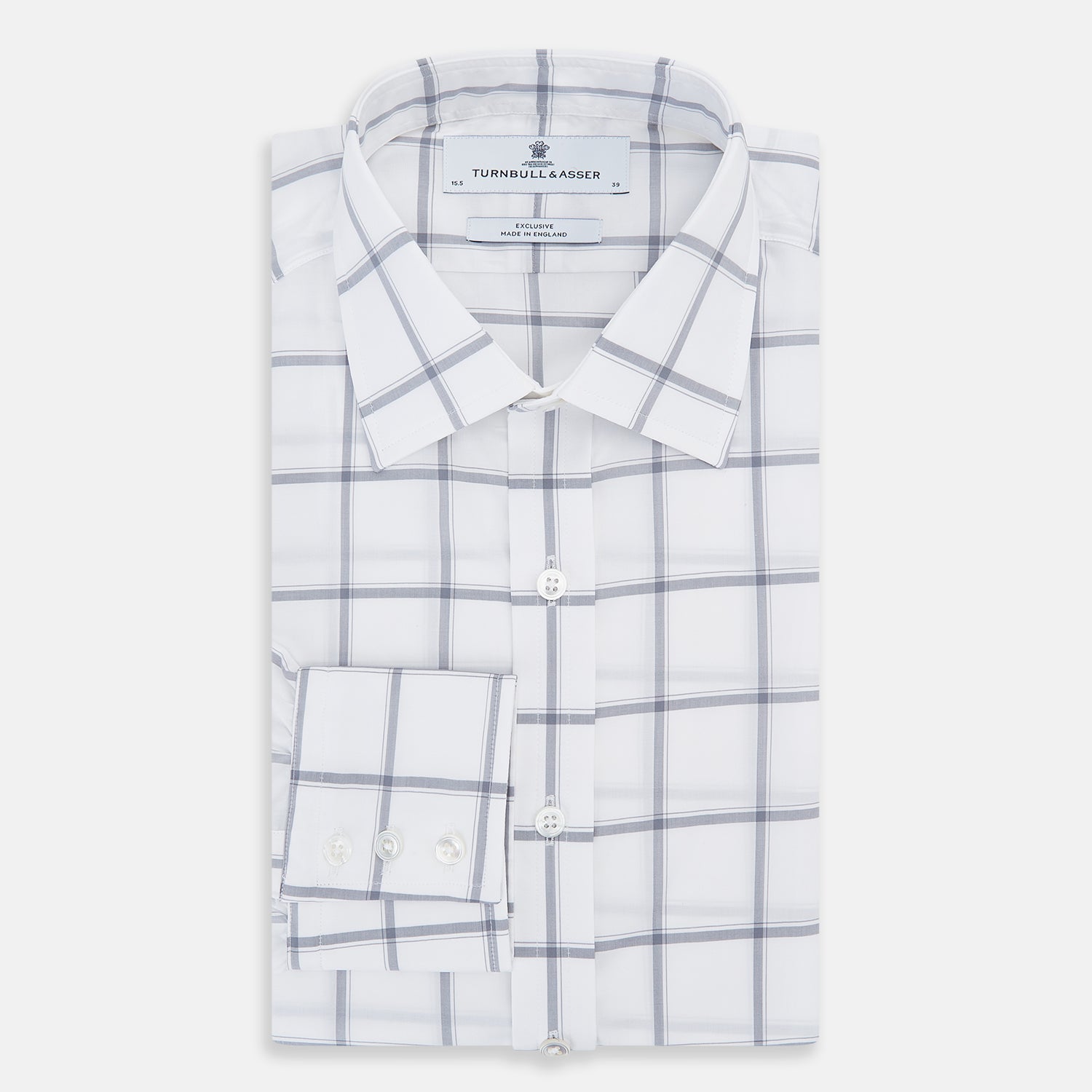 View 5 of product The Turnbull & Asser Grey Grid Check Mayfair Shirt features a classic collar and buttoned cuffs, crafted from fine Italian cotton with a grey grid check on white, and is shown against a plain white background.