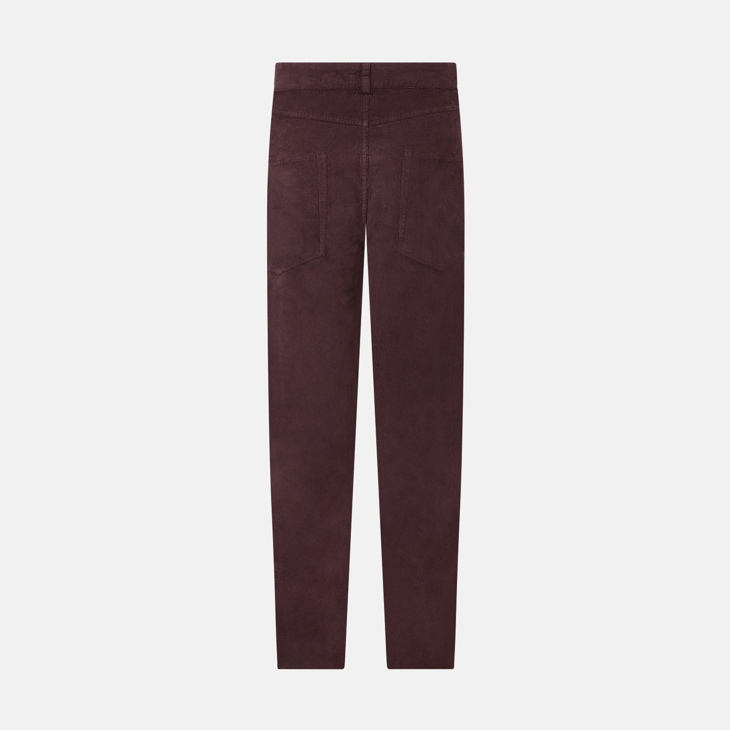 View 3 of product The Turnbull & Asser Burgundy Corduroy Charles Trousers are straight-leg stretch cotton pants in dark burgundy, featuring side and back pockets, shown against a plain white background.