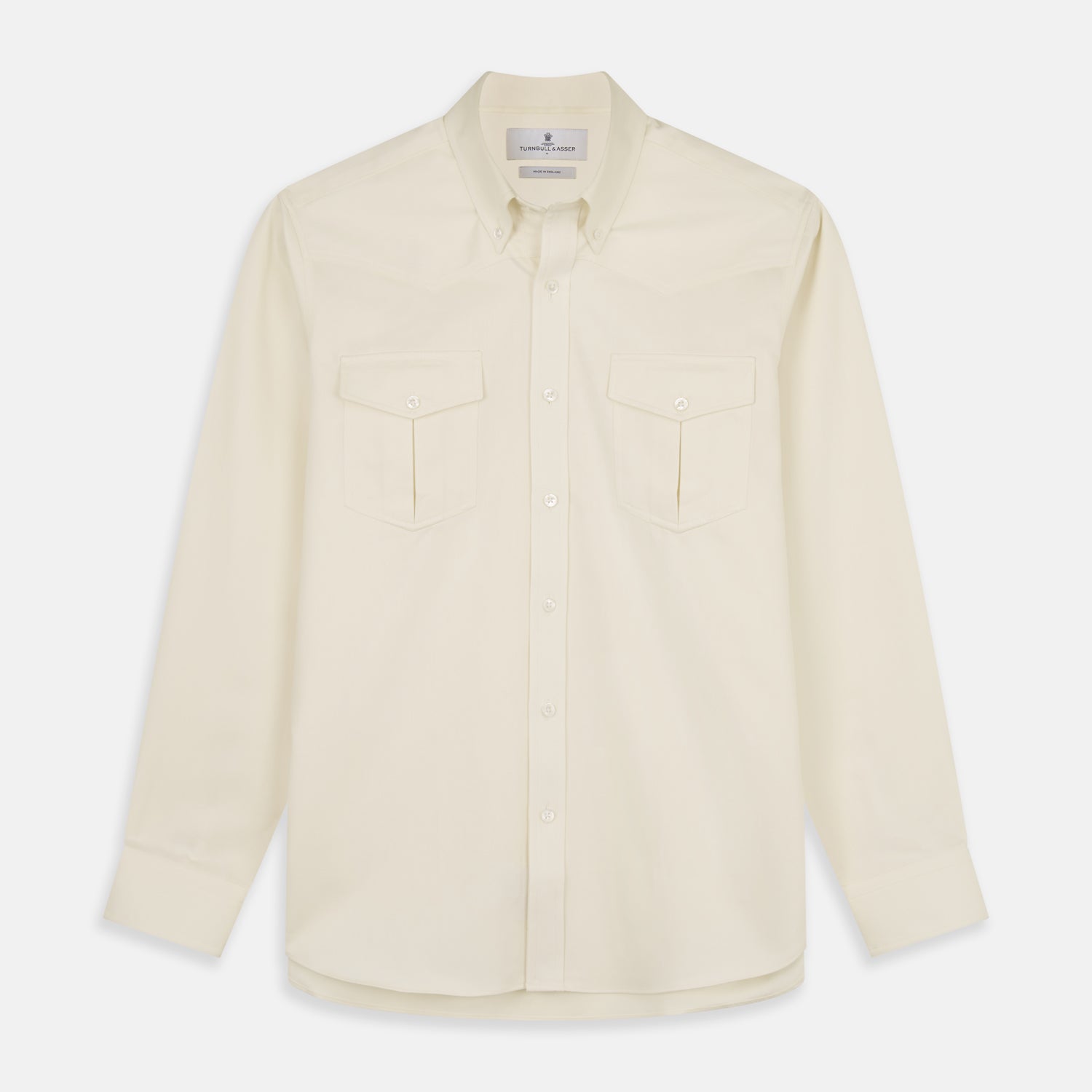 View 1 of product The Cream Cotton Weekend Fit Western Shirt with Dorset Collar by Turnbull & Asser features two chest pockets and is laid flat on a white background—ideal for smart-casual style.