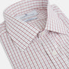 View 2 of product The Turnbull & Asser Red Tattersall Check Mayfair Shirt features long sleeves, a collar, and Italian cotton with a red tattersall check on white, shown flat against a white background.