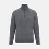 View 1 of product The Turnbull & Asser Slate Grey Melange Half-Zip Cashmere Jumper features a high collar and long sleeves, crafted from premium knitwear, and is shown against a plain white background.