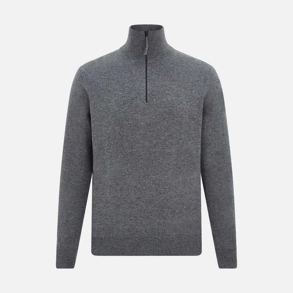 The Turnbull & Asser Slate Grey Melange Half-Zip Cashmere Jumper features a high collar and long sleeves, crafted from premium knitwear, and is shown against a plain white background.