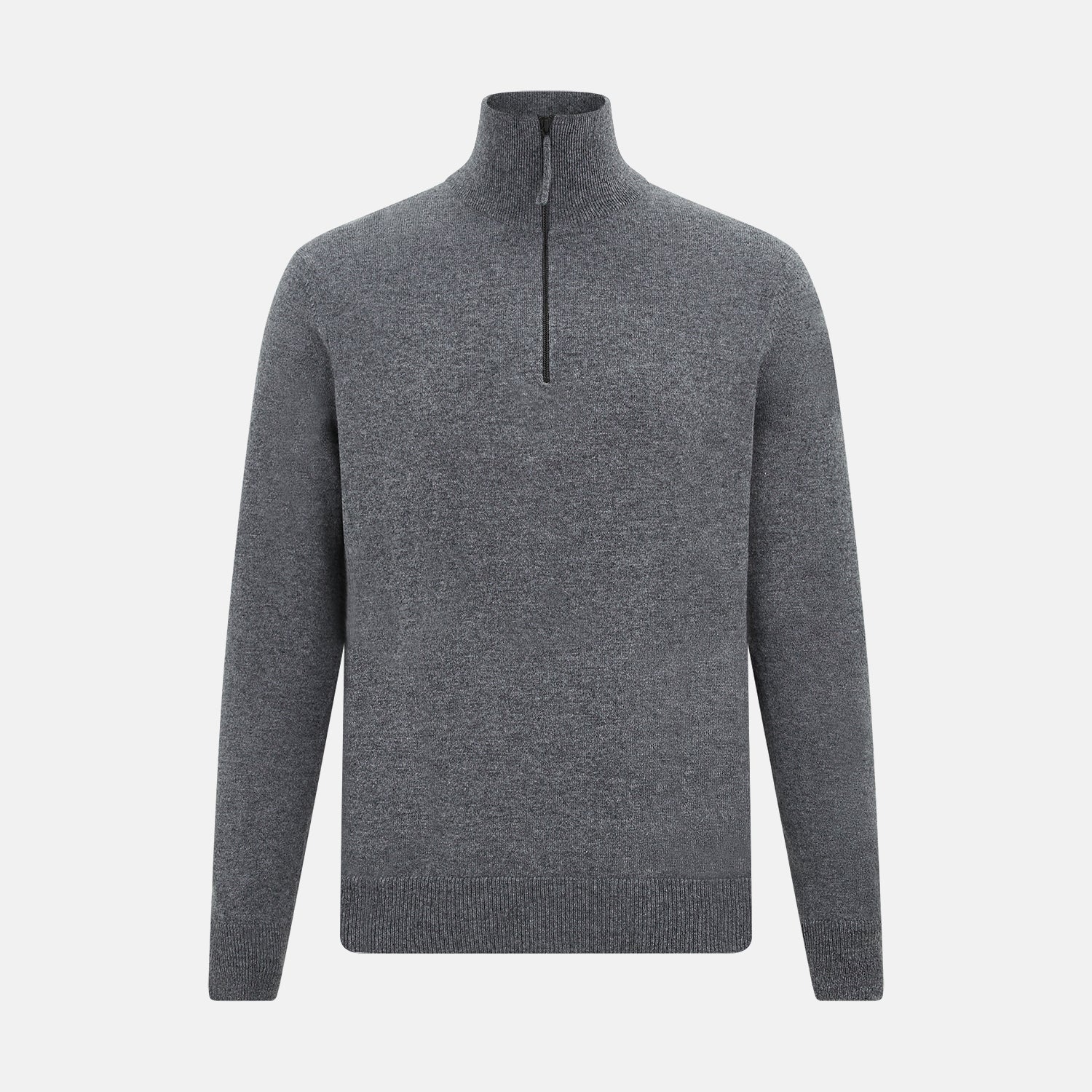 View 1 of product The Turnbull & Asser Slate Grey Melange Half-Zip Cashmere Jumper features a high collar and long sleeves, crafted from premium knitwear, and is shown against a plain white background.