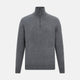 The Turnbull & Asser Slate Grey Melange Half-Zip Cashmere Jumper features a high collar and long sleeves, crafted from premium knitwear, and is shown against a plain white background.