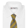 View 2 of product The Turnbull & Asser GGT92000 3042 11 OS is a classic yellow necktie with diagonal black and white stripes, rolled elegantly on a white background.
