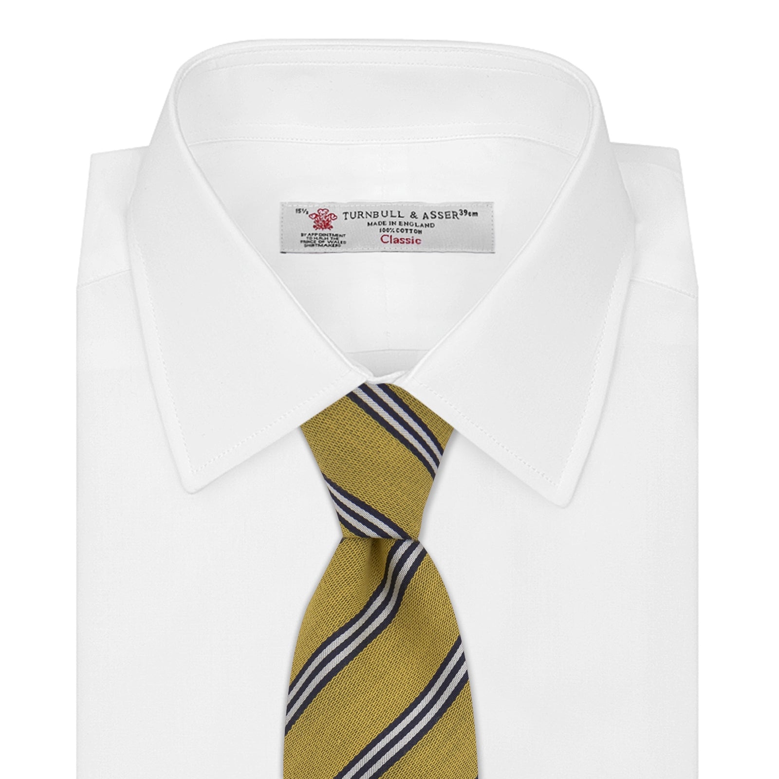 View 2 of product The Turnbull & Asser GGT92000 3042 11 OS is a classic yellow necktie with diagonal black and white stripes, rolled elegantly on a white background.