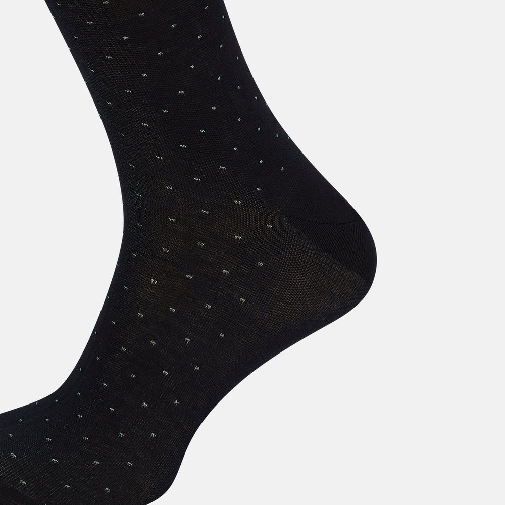 A single Navy/Pale Blue Polka Dot Long Sock by Turnbull & Asser, made from mercerised Egyptian cotton, is displayed against a plain white background.