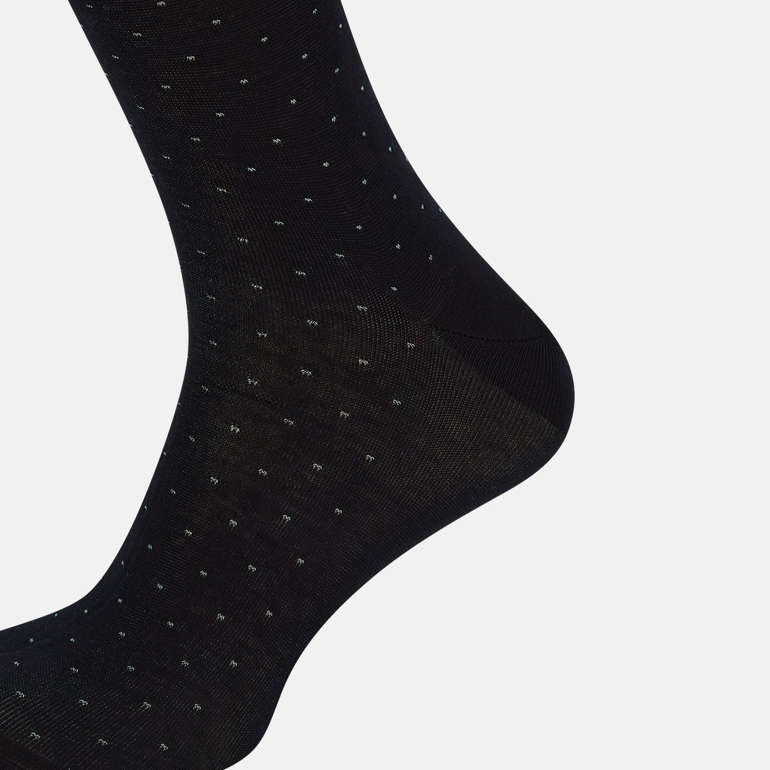 View 4 of product A single Navy/Pale Blue Polka Dot Long Sock by Turnbull & Asser, made from mercerised Egyptian cotton, is displayed against a plain white background.