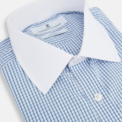 Sky Blue Micro Shadow Check Shirt with Contrast Collar and Double Cuffs Image 1