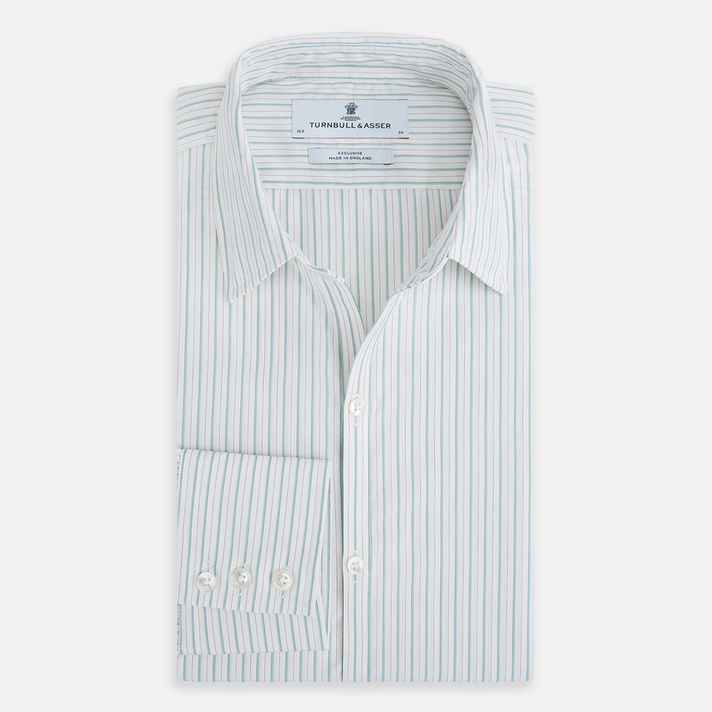 The Turnbull & Asser Turquoise and Red Ticking Stripe Windsor Shirt, featuring a classic collar and buttoned cuffs, is displayed flat against a white background.