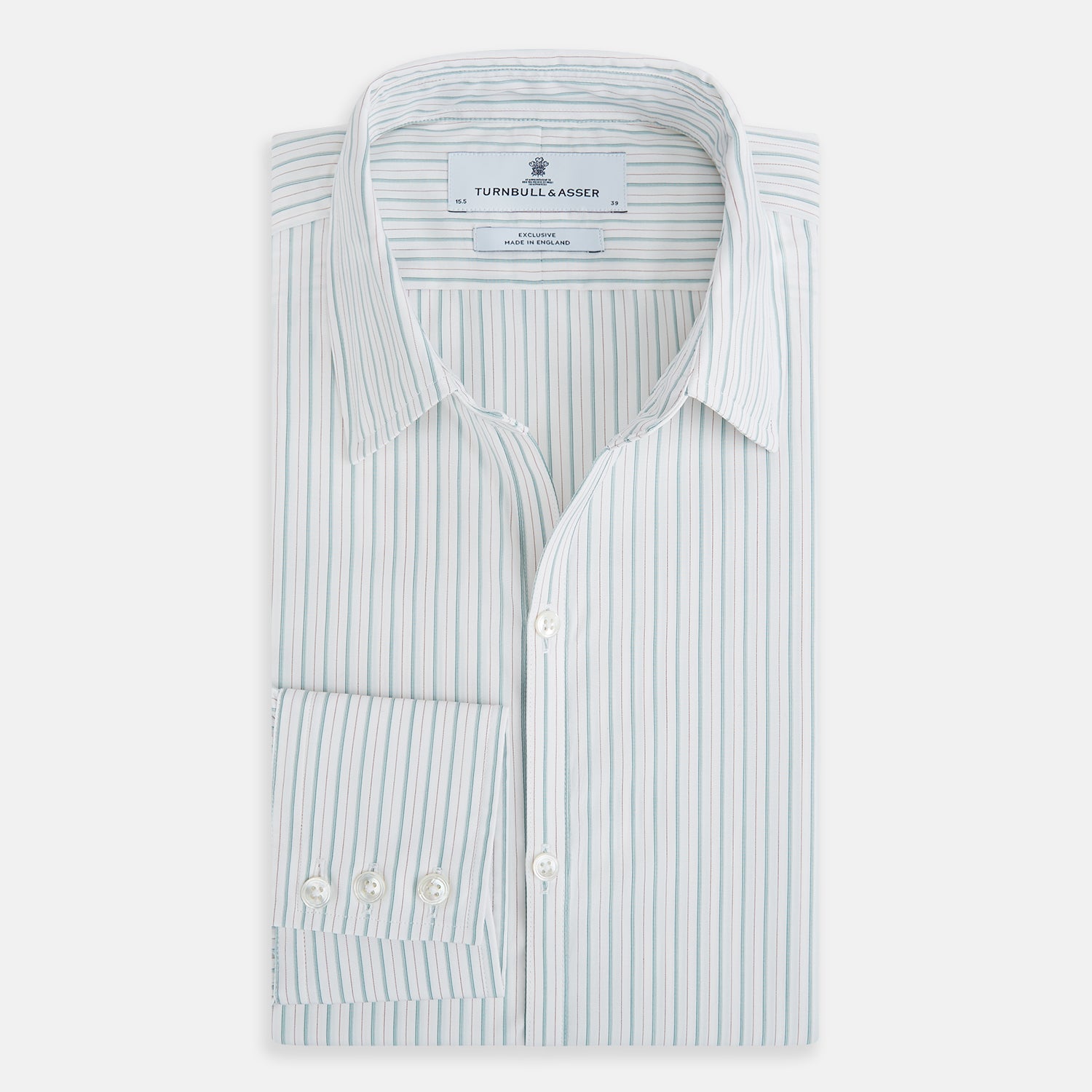 View 5 of product The Turnbull & Asser Turquoise and Red Ticking Stripe Windsor Shirt, featuring a classic collar and buttoned cuffs, is displayed flat against a white background.