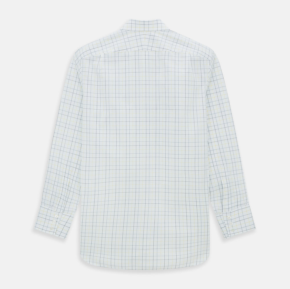 The Turnbull & Asser Yellow and Blue Grid Check Mayfair Shirt features a long-sleeve button-up design with a yellow and blue grid pattern, shown against a plain white background.