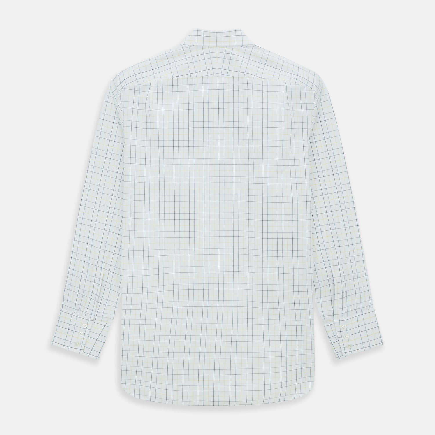 View 3 of product The Turnbull & Asser Yellow and Blue Grid Check Mayfair Shirt features a long-sleeve button-up design with a yellow and blue grid pattern, shown against a plain white background.