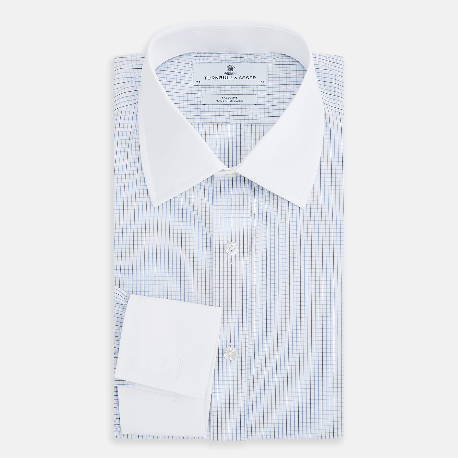 View 5 of product The Turnbull & Asser Pale Blue and Navy Grid Check Shirt features a contrast T&A collar and cuffs, long sleeves, and a button-down front, all displayed on a plain white background.