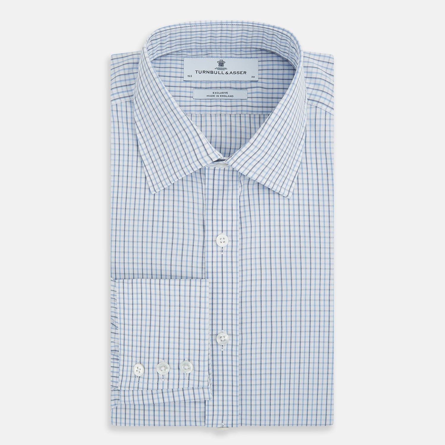 View 5 of product The Turnbull & Asser Navy and Blue Multi Check Mayfair Shirt features a T&A collar, button cuffs, and a blue checkered pattern. This long-sleeve, button-up shirt is shown on a white background.