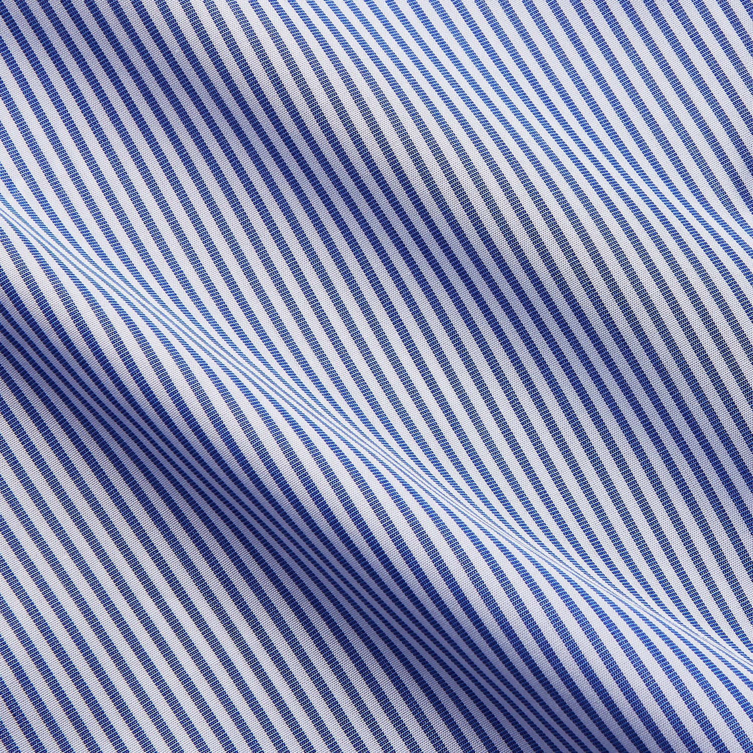 View 4 of product The Turnbull & Asser Blue and White Stripe Cotton RE-PURPOSE Mayfair Shirt, made with recycled fabrics, features long sleeves and a classic collar, and is shown flat against a white background.