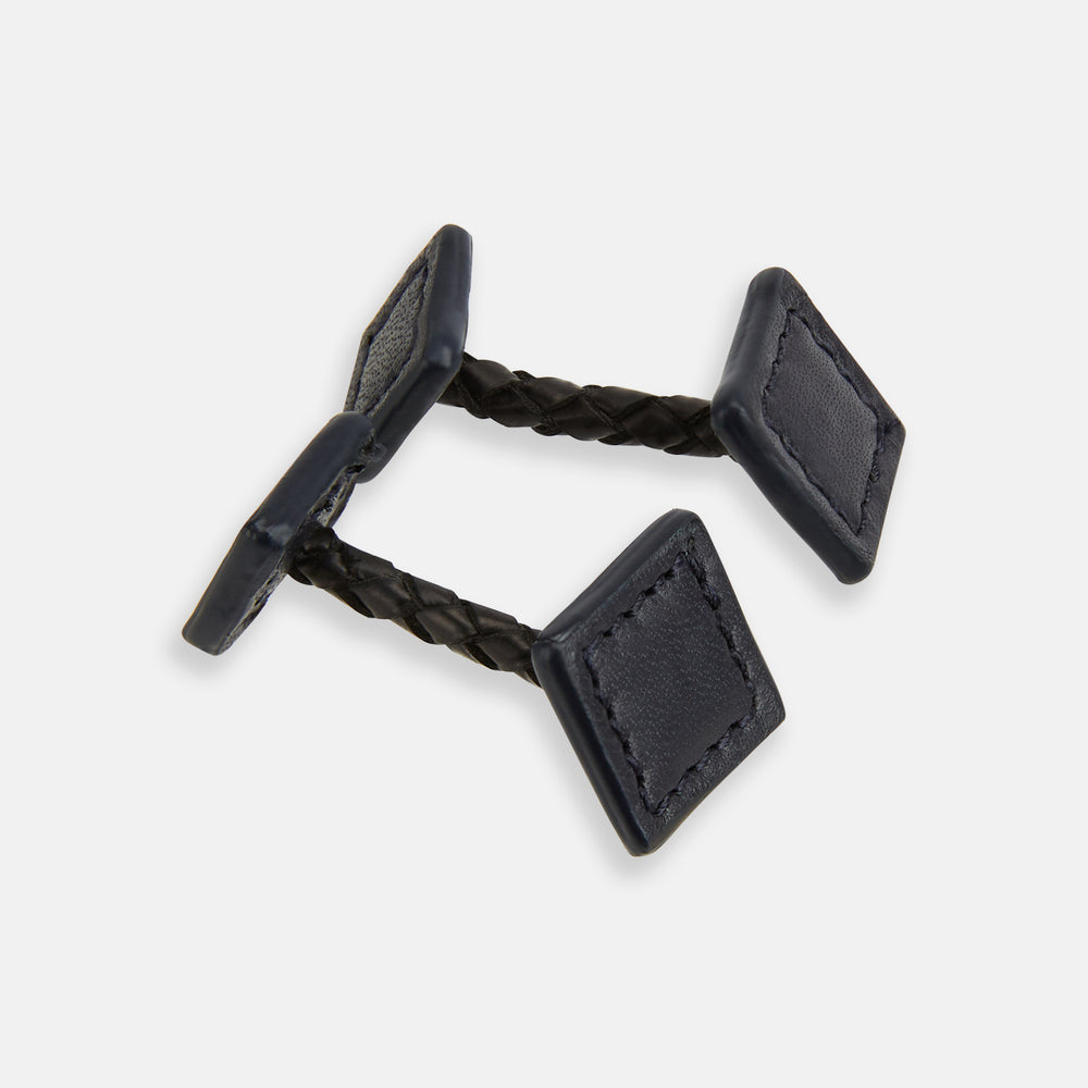 Navy Leather Cufflinks by Turnbull & Asser—Italian leather with square ends and braided stems, shown on a white background—a refined addition to men's accessories.
