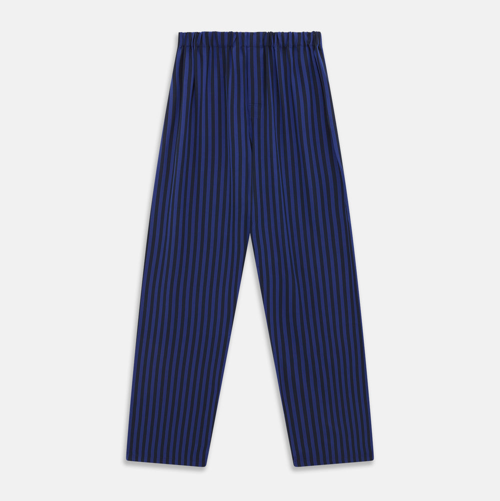The Turnbull & Asser Blue and Navy Candy Stripe Silk Hyde Pyjamas Set features a long-sleeve button-up top with a chest pocket and elastic-waist pants, shown on a plain white background.